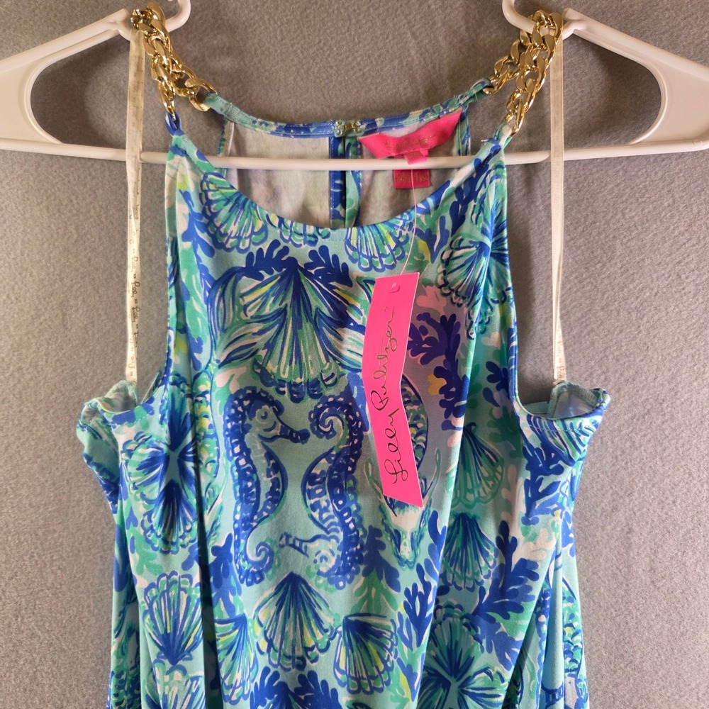 Lilly Pulitzer Keeran Jumpsuit Seeing Double Sea Glass Aqua Gold Chain XS NEW - Picture 2 of 7